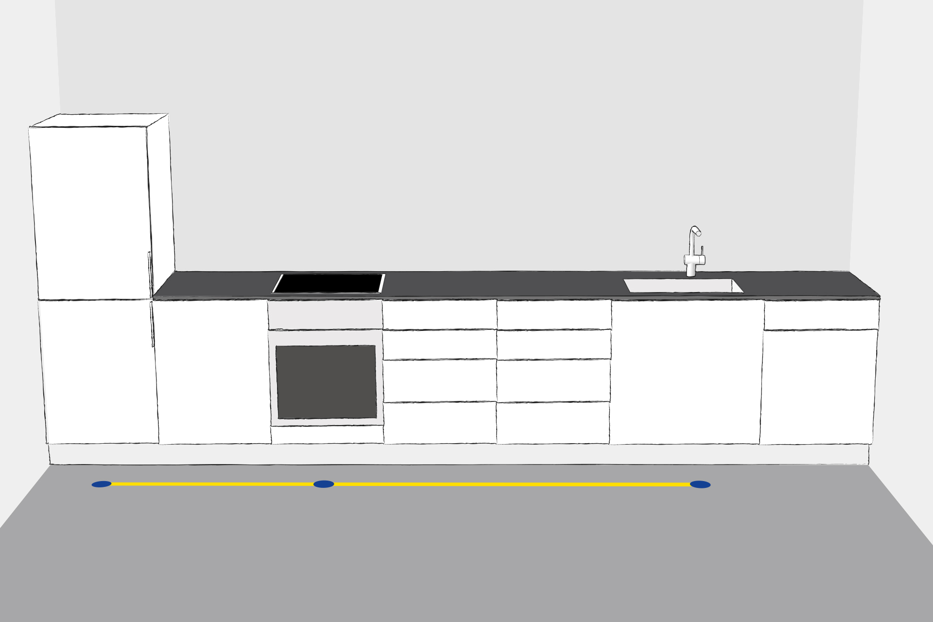 In kitchens with a single row of units, the working area extends along one line.